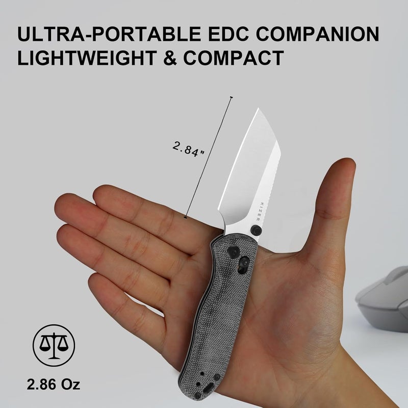 KIZER سكين جيب دروب بير 2، شفرة شيفت فوت نيترو-في 2.84" قابلة للطي مع مقبض ميكارتا أسود، سكاكين EDC بقفل كلتش مع نتوءات على العمود للرجال والنساء V3619.2KS1 - Image 5